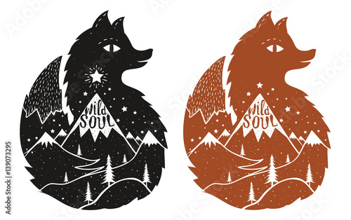 Vector illustration with wild foxes with mountains landscapes inside