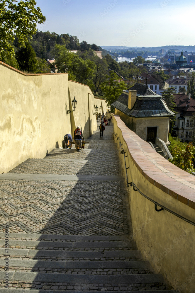 Prague, stairs to hill Hradschin, Czech Republic