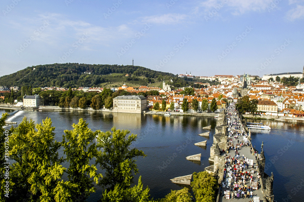 Prague, city panorama, Carls Bridge, river Moldova, hill Hradsch