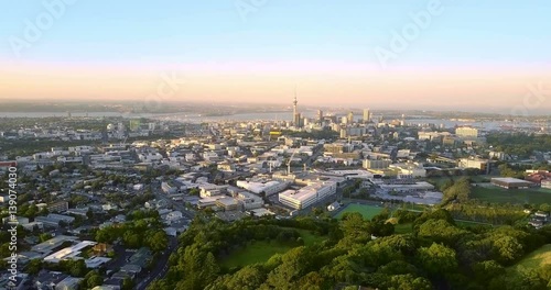 Aerial of Auckland downtown skyline during sunset