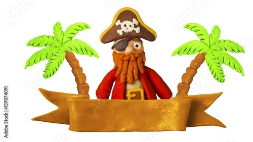 Pirate waving hand, Title plate and Palms. Clay animation. 4K