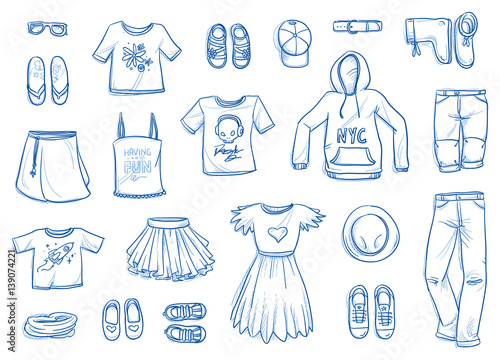 Set of young fashion objects. Clothing, accessories, shoes for children and teenagers, boys and girls. With trousers, skirt, shirt, scarf, hat, sunglasses. Hand drawn flat lay vector illustration 