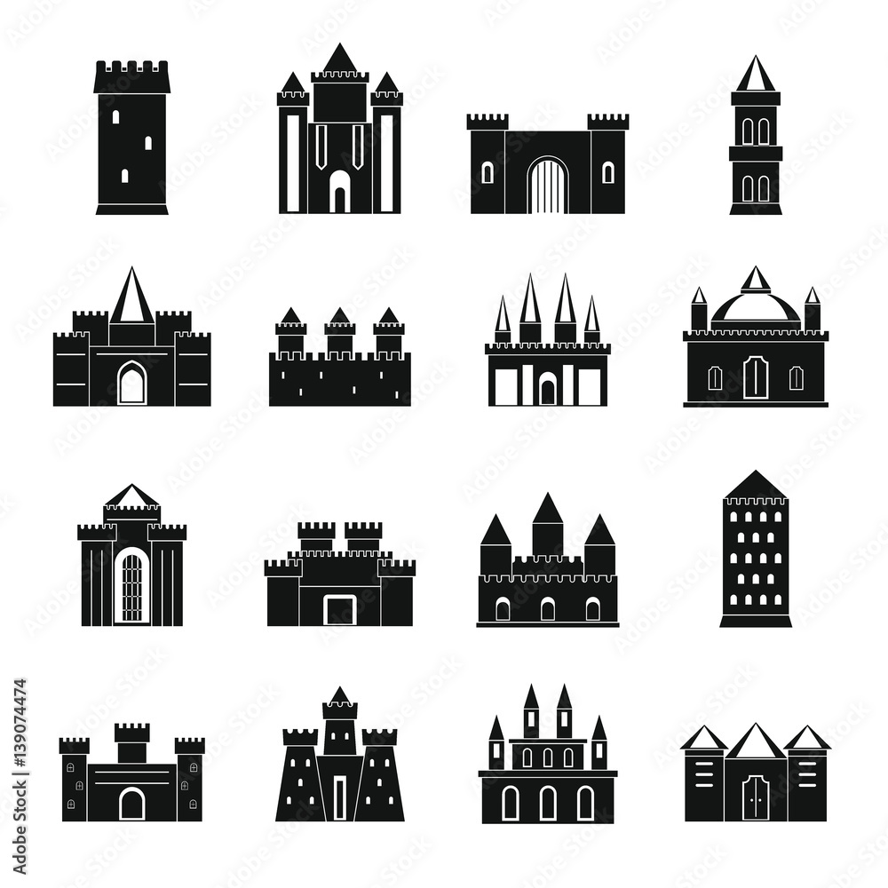 Towers and castles icons set, simple style