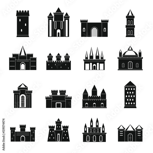 Towers and castles icons set, simple style
