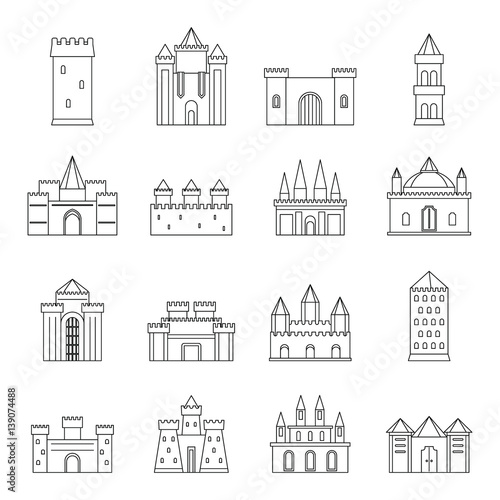 Towers and castles icons set, outline style