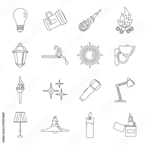 Light source symbols icons set, outline style