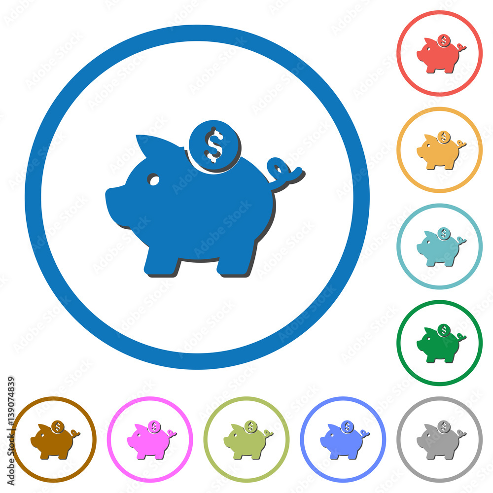 Dollar piggy bank icons with shadows and outlines Dollar piggy bank icons with shadows and outlines