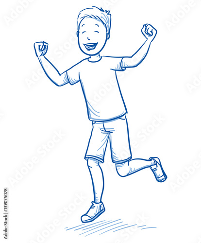 Happy young boy dancing and jumping with joy. Hand drawn cartoon doodle vector illustration.