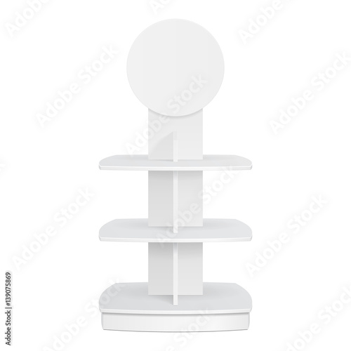 Square Rounded POS POI Cardboard Floor Display Rack For Supermarket. Blank Empty Mock Up On White Background Isolated. Ready For Your Design. Product Advertising. Vector EPS10