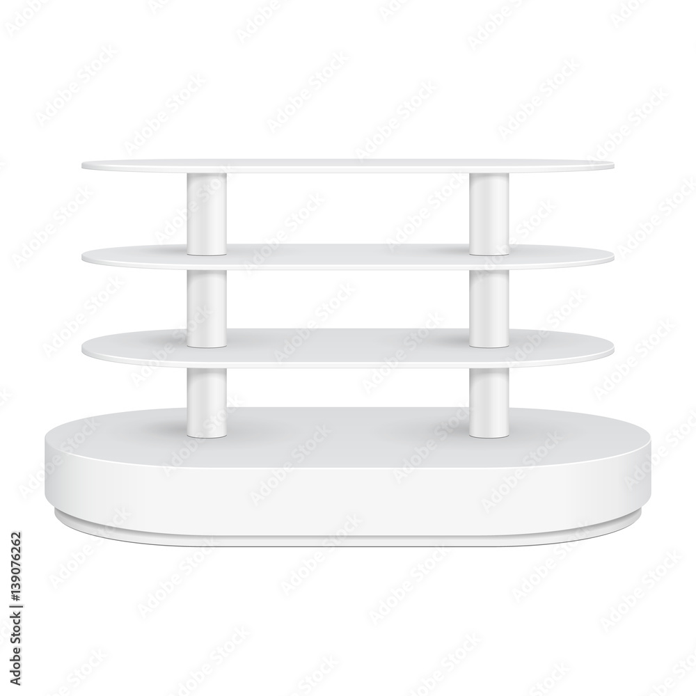 Rounded Floor Display Rack For Supermarket Empty With Shelves. 3D. Front View. Mock Up, Template. Illustration Isolated On White Background. Ready For Your Design. Product Advertising. Vector EPS10 Rounded Floor Display Rack For Supermarket Empty With Shelves. 3D. Front View. Mock Up, Template. Illustration Isolated On White Background. Ready For Your Design. Product Advertising. Vector EPS10