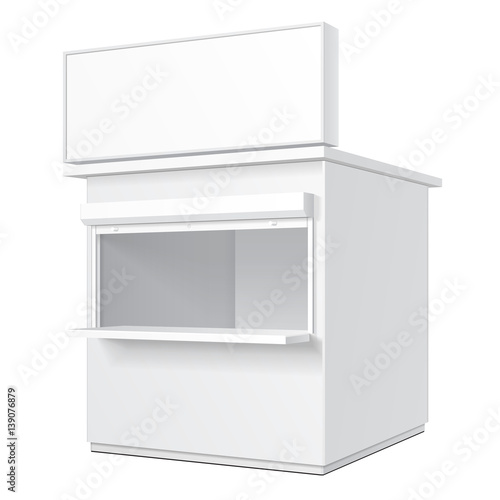 Promotional Or Trade Outdoor Kiosk, Stand, Newsstand. Open-fronted Hut Or Cubicle. Mock Up, Template. Illustration Isolated On White Background. Ready For Your Design. Product Advertising Vector EPS10