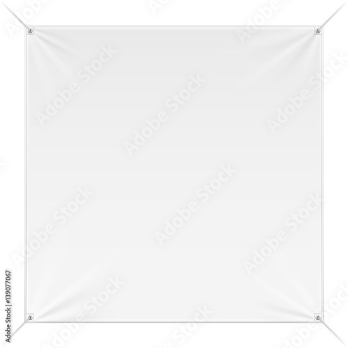 Wall Streamer Vinyl Flex Banner, Fabric, Nylon With Folds. Corners Ropes. Shield. Mock Up, Template. Illustration Isolated On White Background. Ready For Your Design. Product Advertising. Vector EPS10