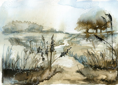 Watercolor landscape with trees.
