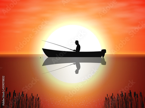Vector background fisherman on boat sunset
