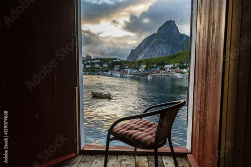 View from the scenic cabin of a hotel in Reine, Lofoten islands, Norway.Lofoten Islands, Norway.