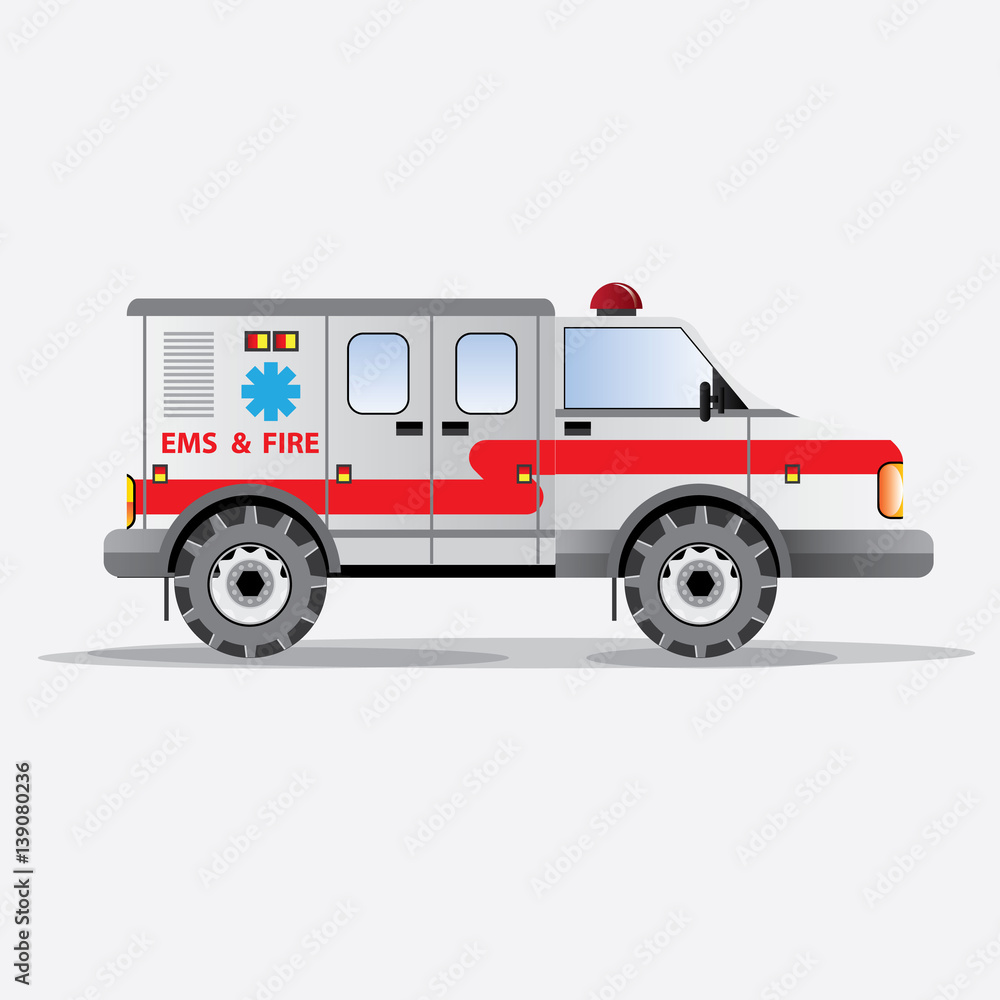 set of stop fire symbols (fire truck, extinguisher, hose, ladder) flat. vector illustration