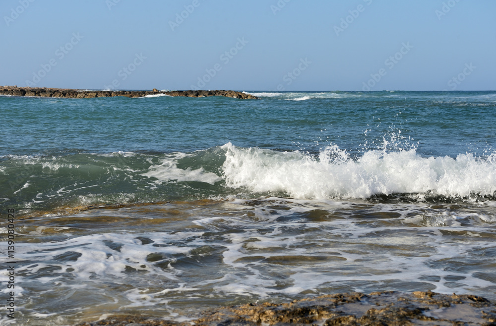 The waves of the Mediterranean Sea off the coast of Cyprus