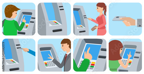 People using ATM machine. Vector illustration icons isolated white background.