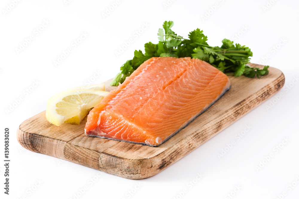 Raw salmon fillet isolated on white background
