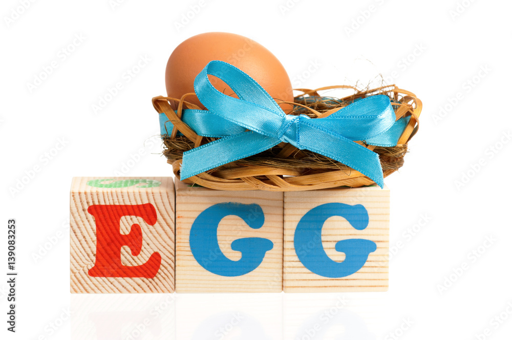 Brown egg in basket with word egg composed from wood cubes, isolated on white background