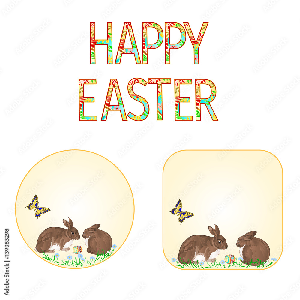 Fototapeta premium Buttons Happy easter rabbits and easter egg with butterfly vintage vector illustration