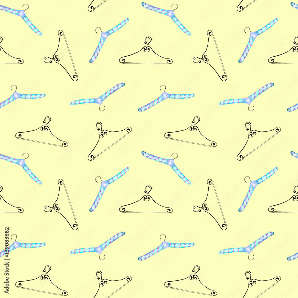Seamless pattern with watercolor hangers, hand drawn isolated on a yellow background