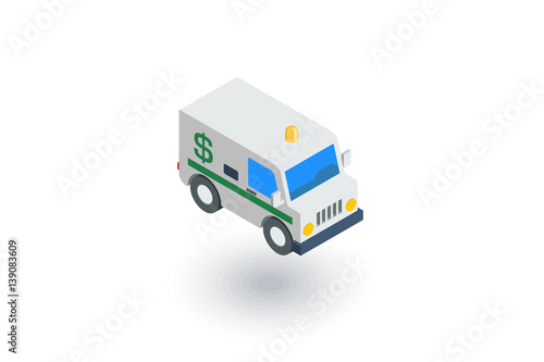 encashment service car, bank collector van, money delivery isometric flat icon. 3d vector colorful illustration. Pictogram isolated on white background