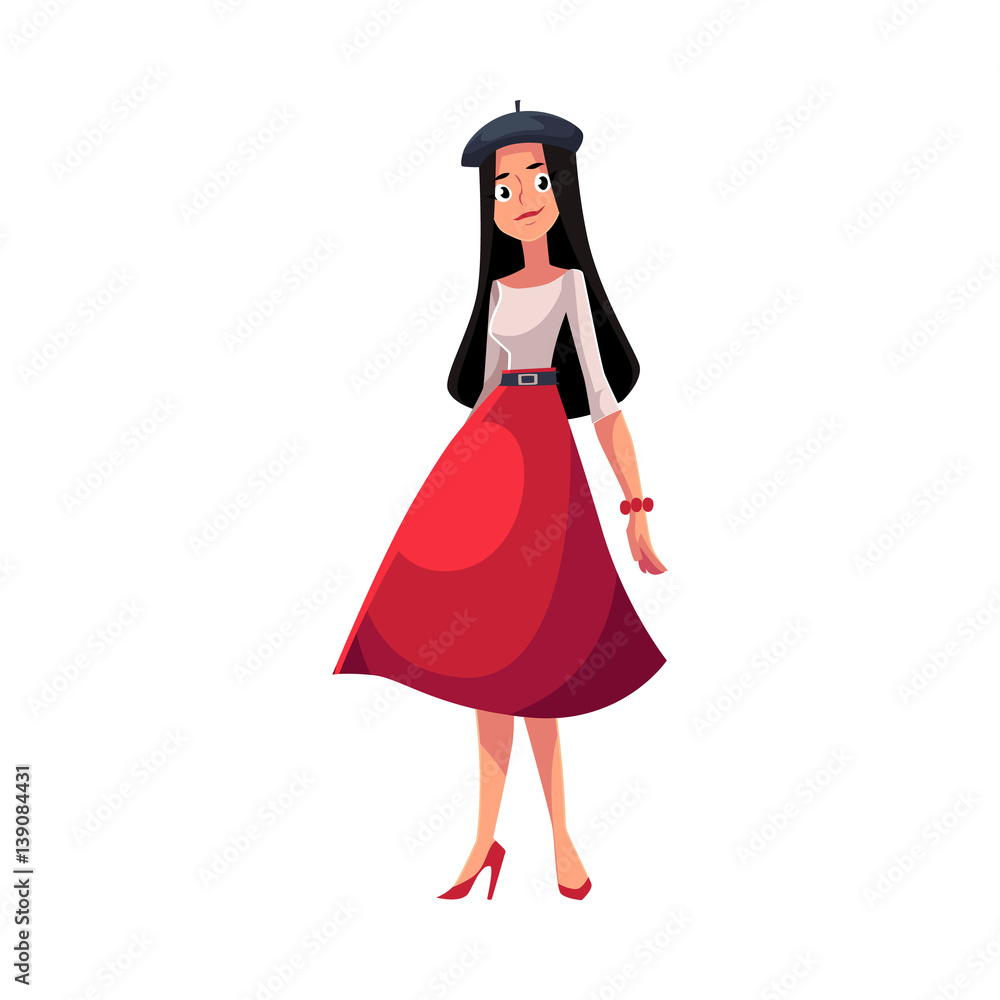Young French woman dressed in Parisian style, cartoon vector ...