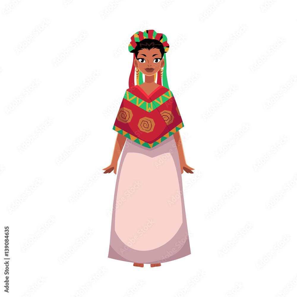 Mexican woman in national clothes, serape shawl and flower crown, head wreath, cartoon vector illustration isolated on white background. Full length portrait of Mexican woman in national clothes