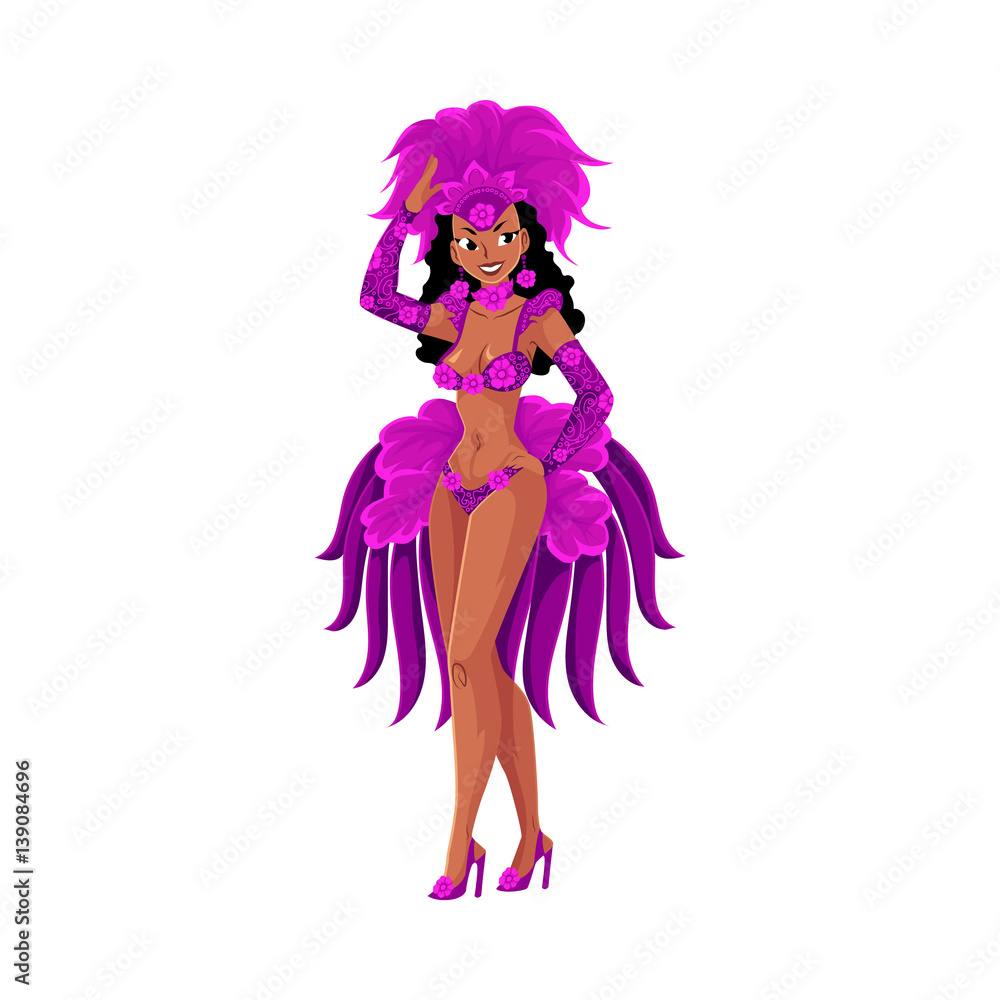 Woman dressed for Brazilian carnival in Rio de Janeiro, samba dancer in feather suit and headdress, cartoon vector illustration isolated on white background. Brazilian woman in carnival feather suit Woman dressed for Brazilian carnival in Rio de Janeiro, samba dancer in feather suit and headdress, cartoon vector illustration isolated on white background. Brazilian woman in carnival feather suit