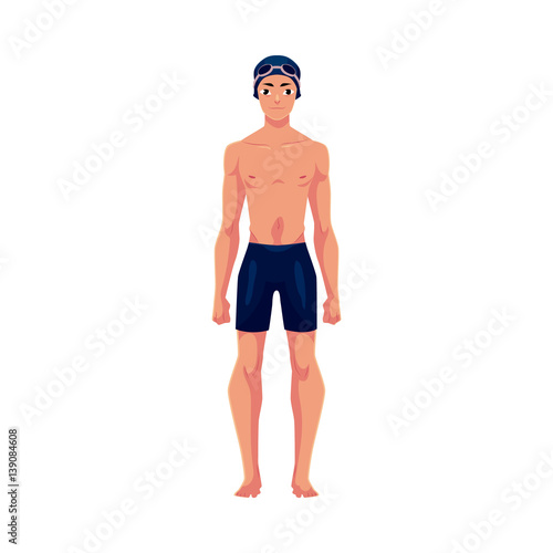 Handsome young man, swimmer in swimming suit, cap and goggles, cartoon vector illustration isolated on white background. Front view full length portrait of man, male swimmer in swimming suit