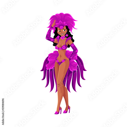 Woman dressed for Brazilian carnival in Rio de Janeiro, samba dancer in feather suit and headdress, cartoon vector illustration isolated on white background. Brazilian woman in carnival feather suit