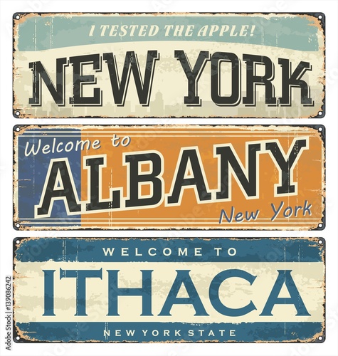 Vintage tin sign collection with USA cities. New York. Albany. Ithaca. Retro souvenirs or postcard templates on vintage background. New York city.