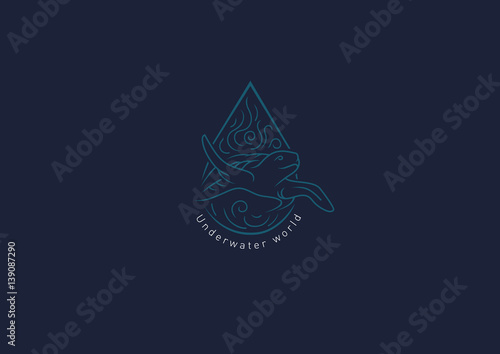 Contour illustration of the underwater world, turtle swimming