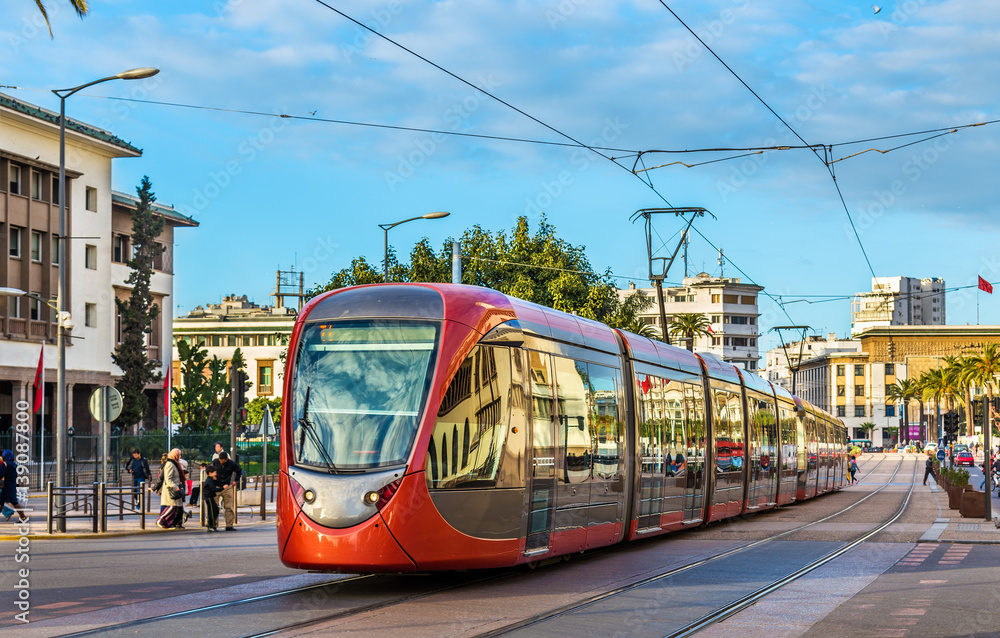 Fototapeta premium City tram on a street of Casablanca, Morocco