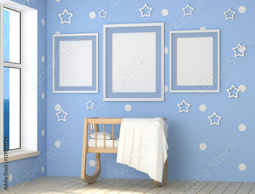 Mock up a child's room interior. Blue Room for a baby boy a lot of daylight. Wooden cradle, pillow and blanket. 3d rendering.