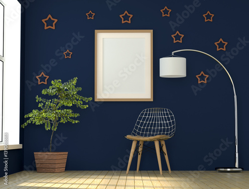 Mock up interior. Lounge with a large window, a floor lamp and a large tree. 3d rendering.