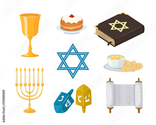 Judaism church traditional symbols icons set isolated hanukkah religious design and synagogue passover torah menorah holiday jew vector illustration.