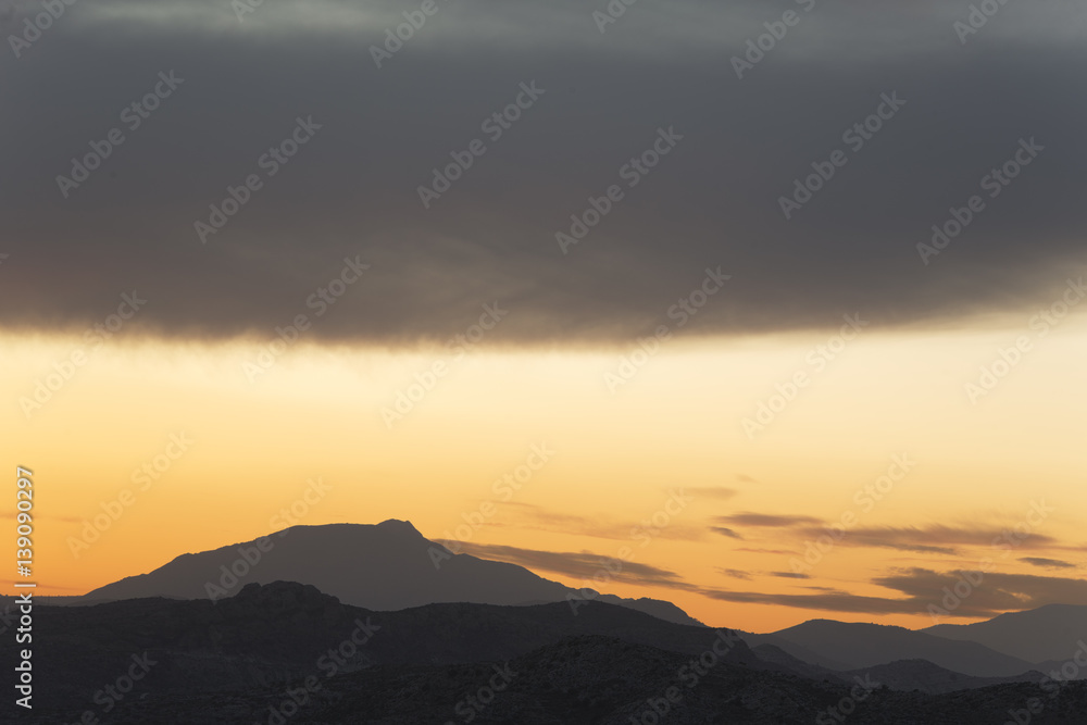 Sunset in the mountains of Elche, province of Alicante in Spain