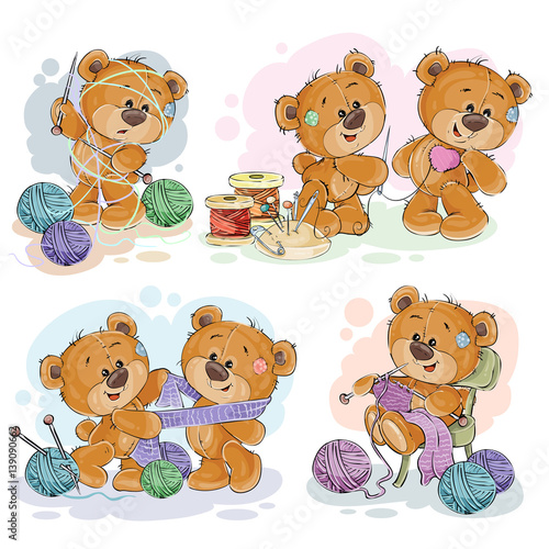 Set of vector clip art illustrations of teddy bears and their hand maid hobby