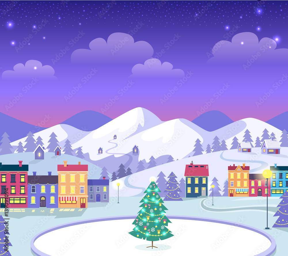 Decorated Christmas Town with Houses and Ice.