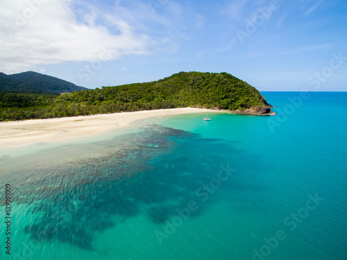An aerial view of the reef and rainforest at Cape Tribulation in Tropical North Queensland in Australia