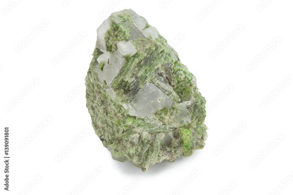 green mineral of clorite and quartz in white background green mineral of clorite and quartz in white background