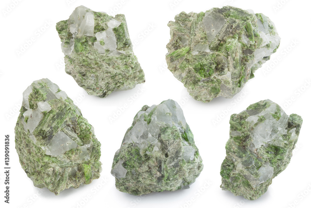 green mineral of clorite and quartz in white background green mineral of clorite and quartz in white background