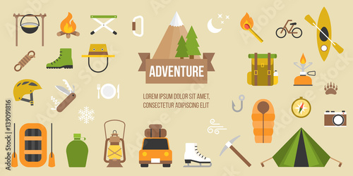 Adventure pictogram of activities and equipments such as rafting, hiking, camping, mountaineering, icon and elements in flat design