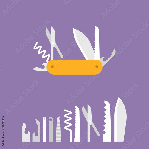 multifunctional pocket knife icon and set of multitool equipment for camping, hiking, flat design