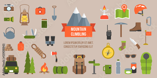 Mountain climbing equipments pictogram, icon and elements in flat design