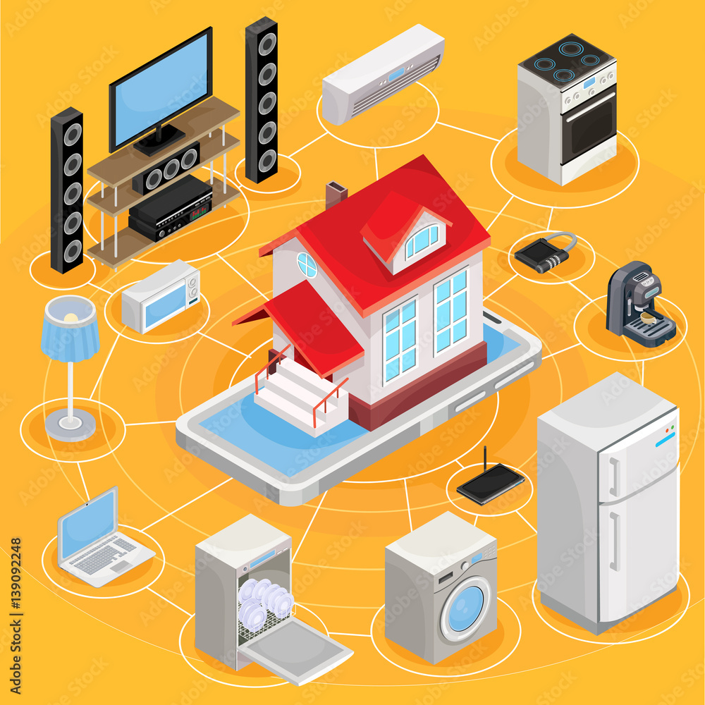 Vector isometric abstract illustration smart home, controlling through internet home work equipment.