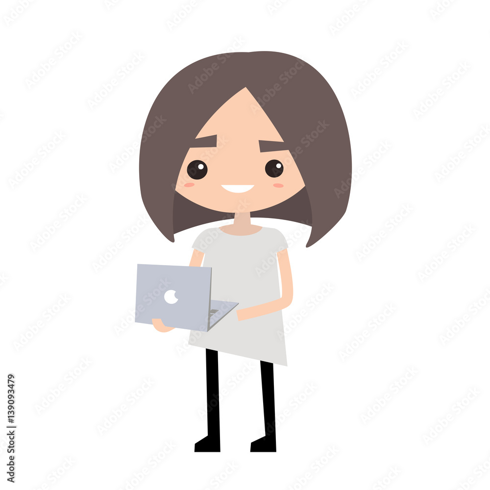 Cute girl holding a laptop, flat editable vector illustration, clip art Cute girl holding a laptop, flat editable vector illustration, clip art