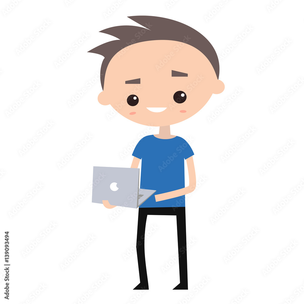 Young geek holding a laptop, flat editable vector illustration Young geek holding a laptop, flat editable vector illustration